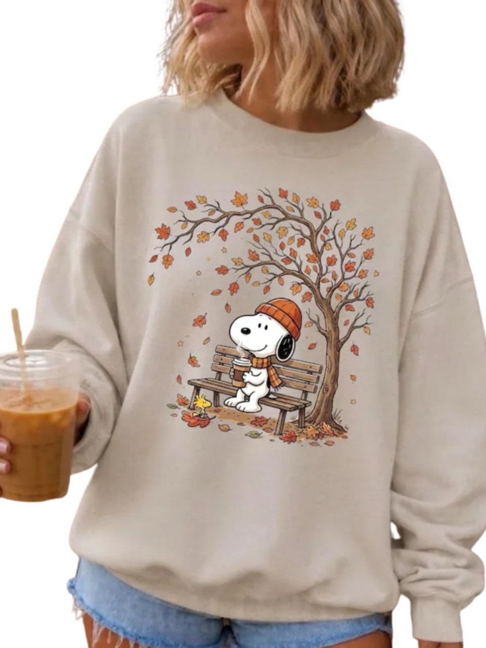 Cream Sweatshirt with Snoopy Autumn Bench Graphic